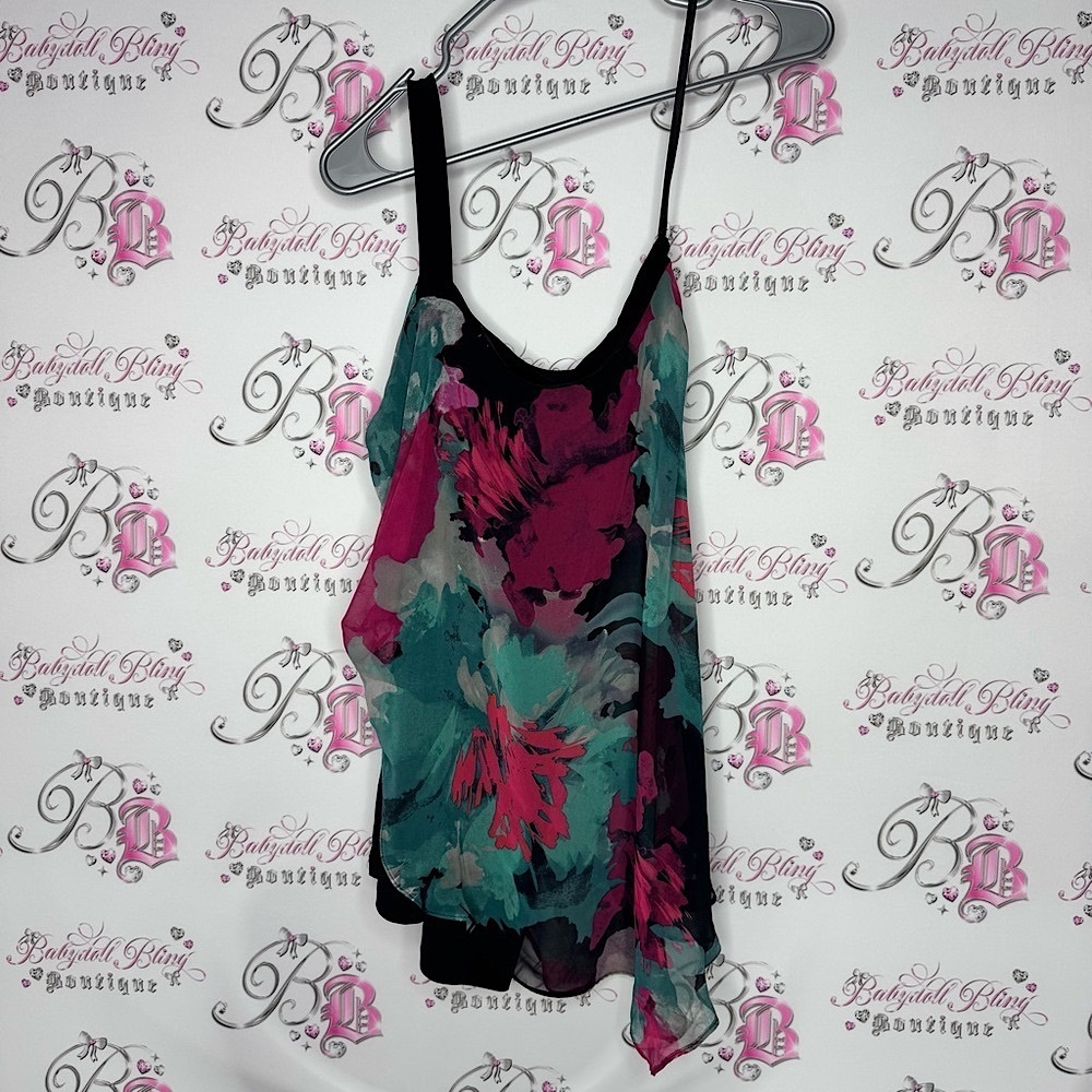Le Château top one shoulder blue pink black sexy flowy Floral Chiffon Tank Top
